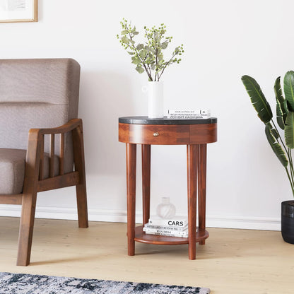 Kyran Round Side Table with Drawer & Shelf Storage -Red Walnut