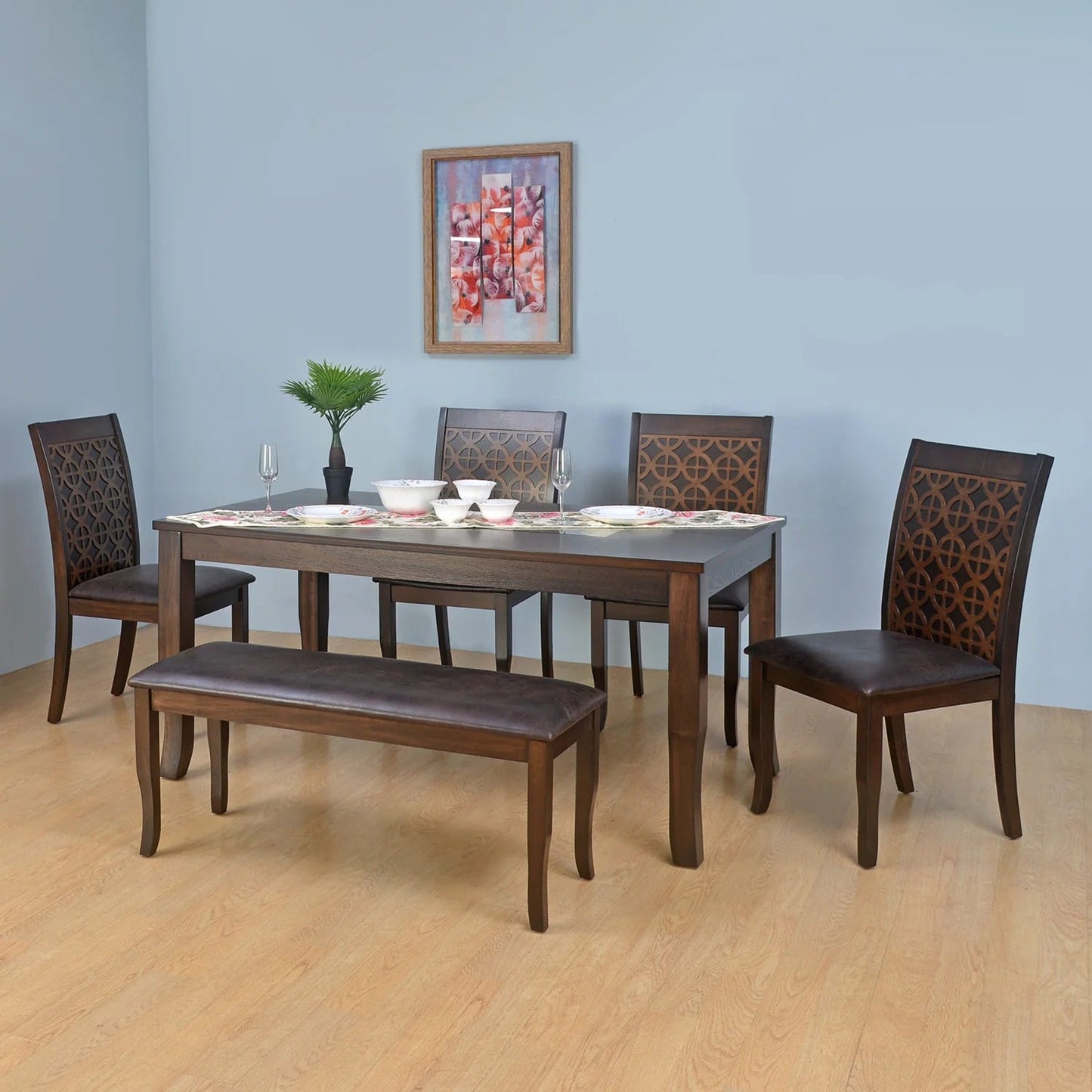 Camilla 1+4+Bench Dining Set-Dark Walnut