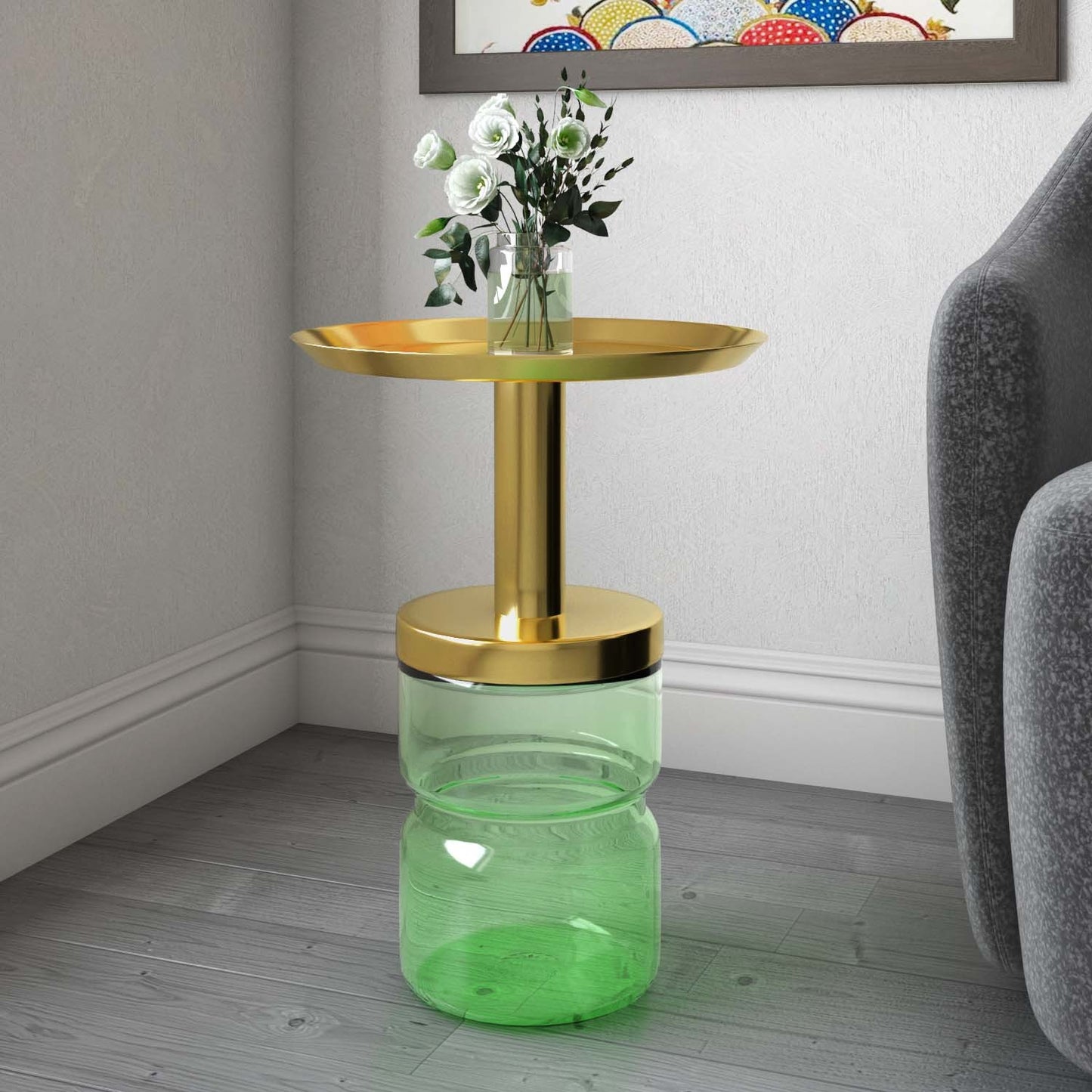 Leda Metal Top & Glass Base Side Table-Green & Gold