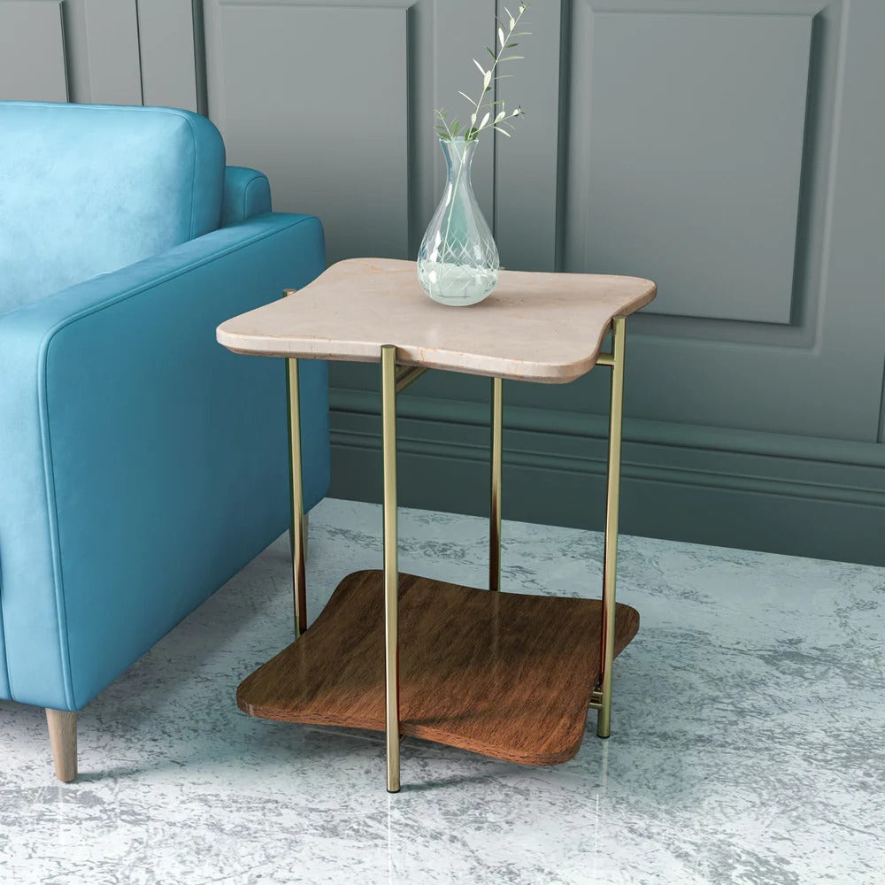 Ellon Ceramic Top With Wooden Shelf Side Table-Gold