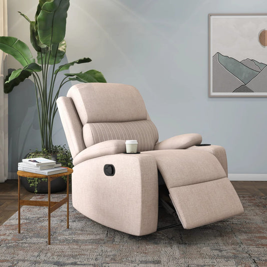 Comfy 1 Seater Fabric Manual Recliner with Cup Holder-Beige