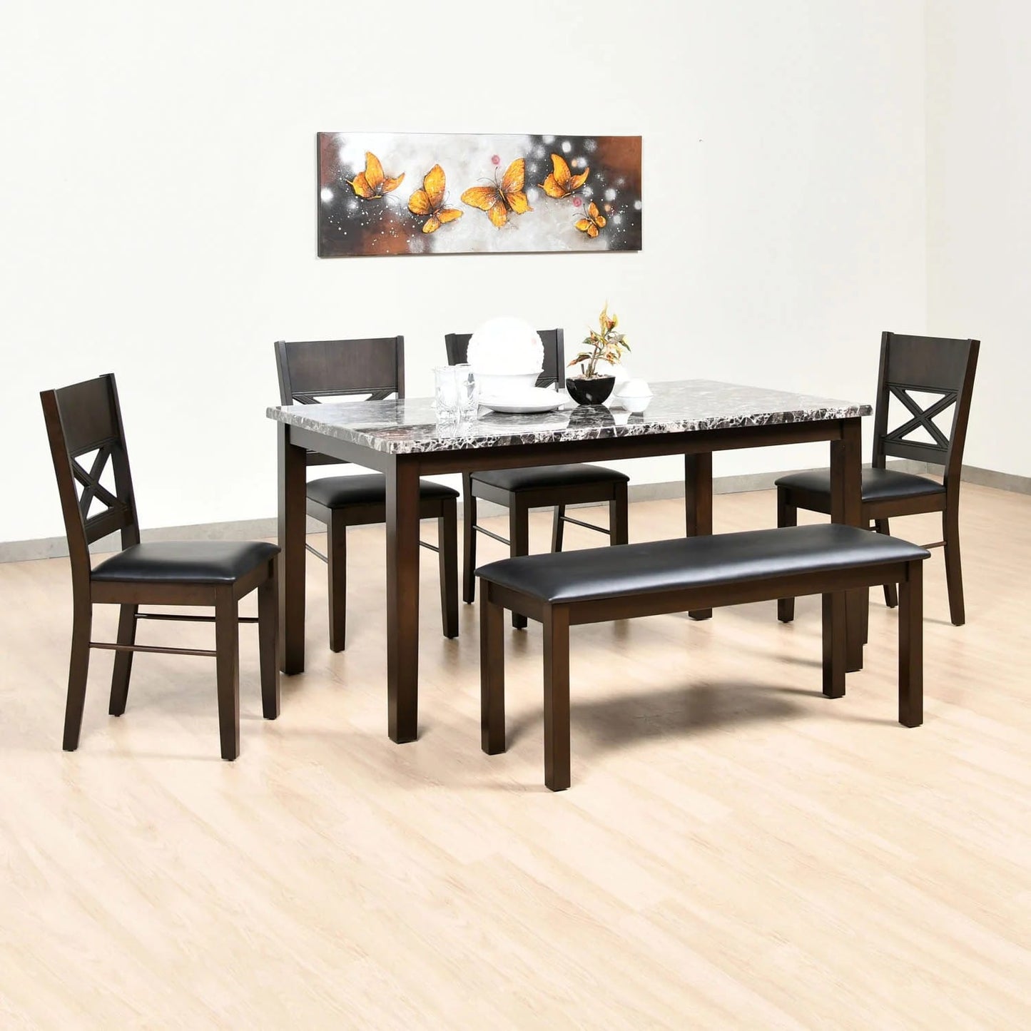 Adrian 6 Seater Dining Set With Bench-Dark Walnut