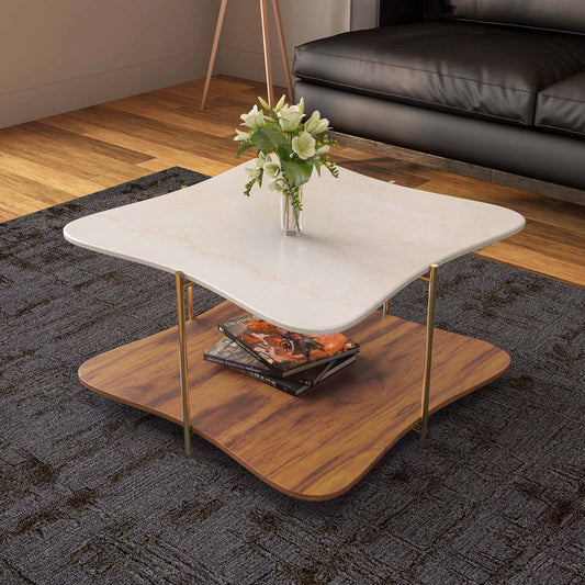 Ellon Ceramic Top With Wooden Shelf Center Table-Gold