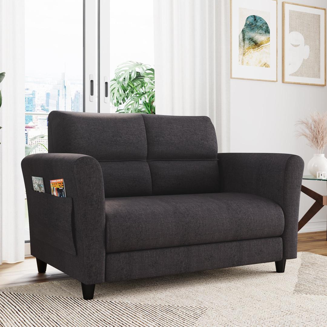 Oliver 2 Seater Fabric Sofa with Side Pocket-Charcoal Brown