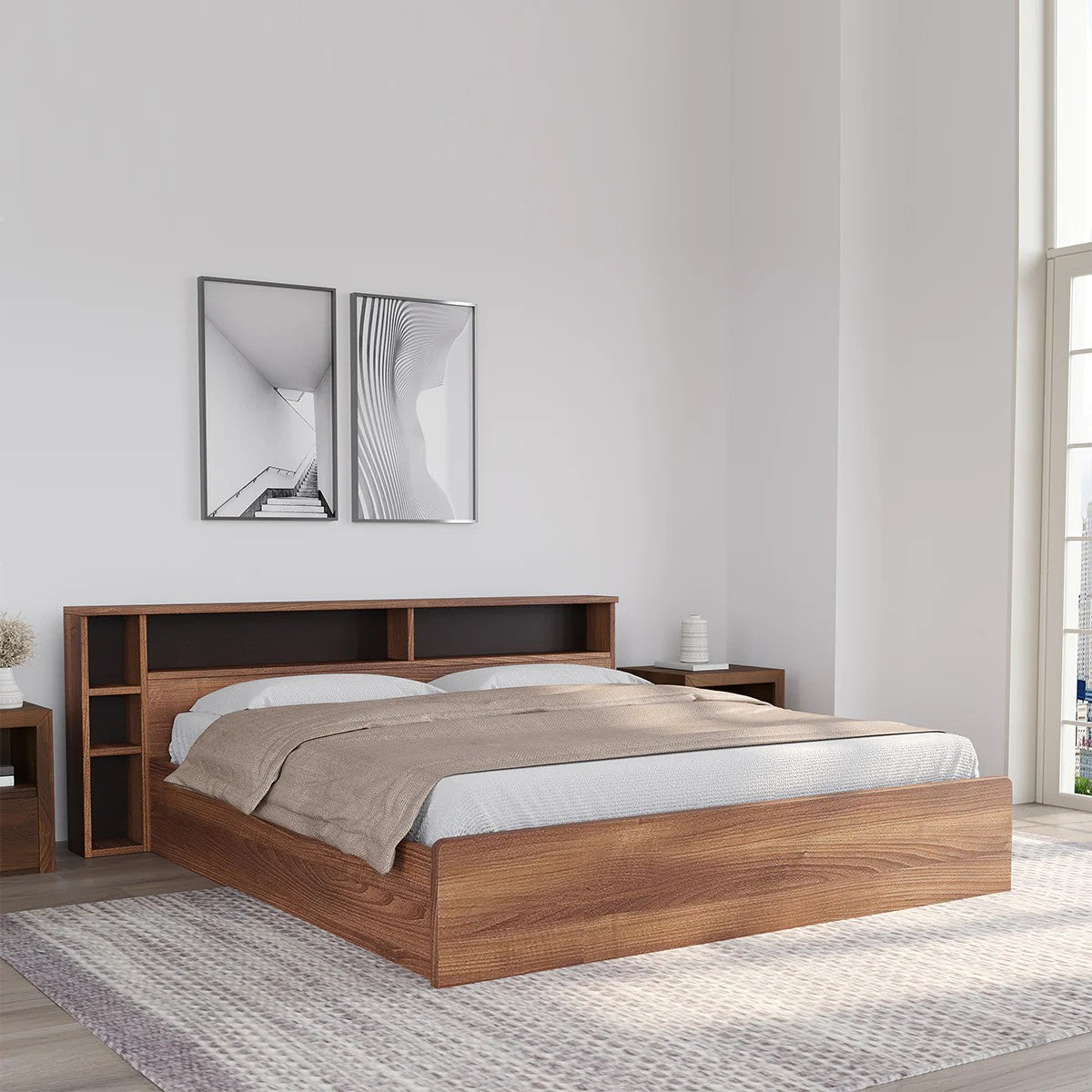 Torrie King Bed with Headboard and Box Storage-Classic Walnut