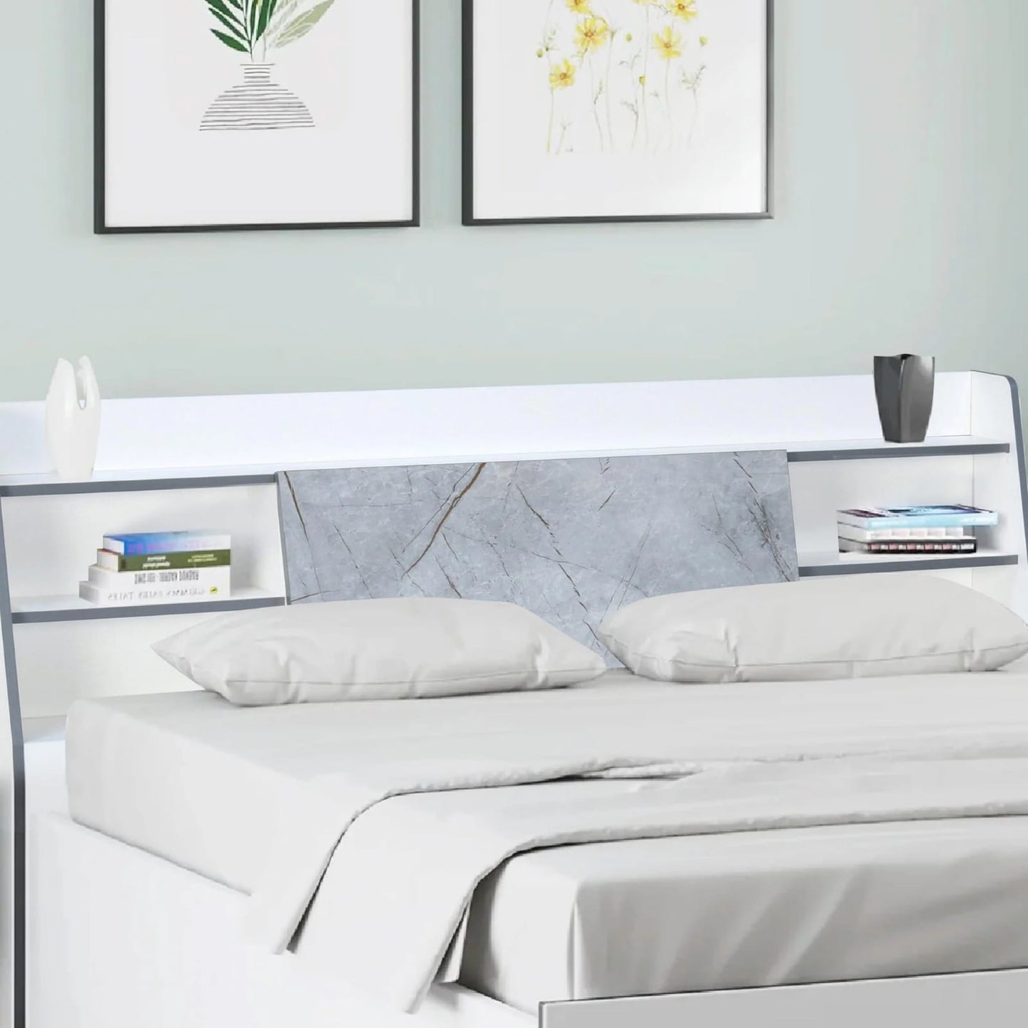 Marbito Queen Bed With Headboard & Box Storage-White