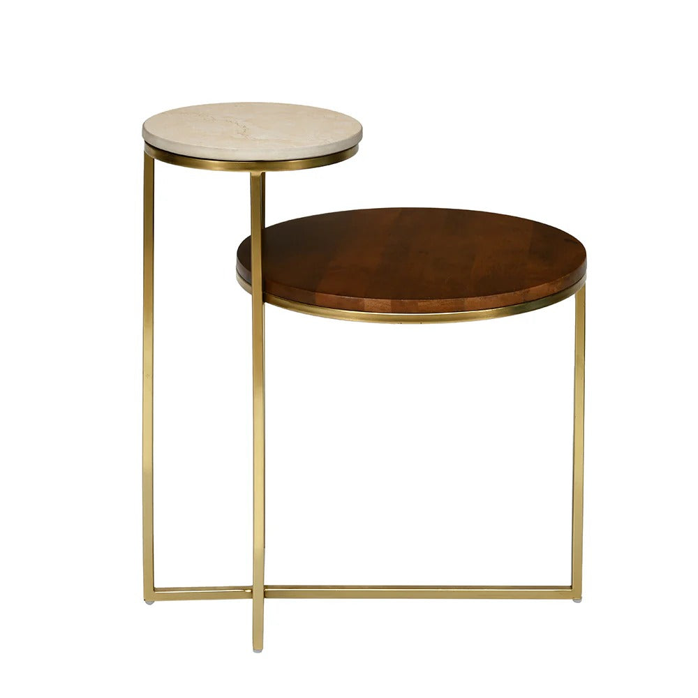 Mobo 2 Tier Ceramic and Mango Wood Top Side Table-Gold