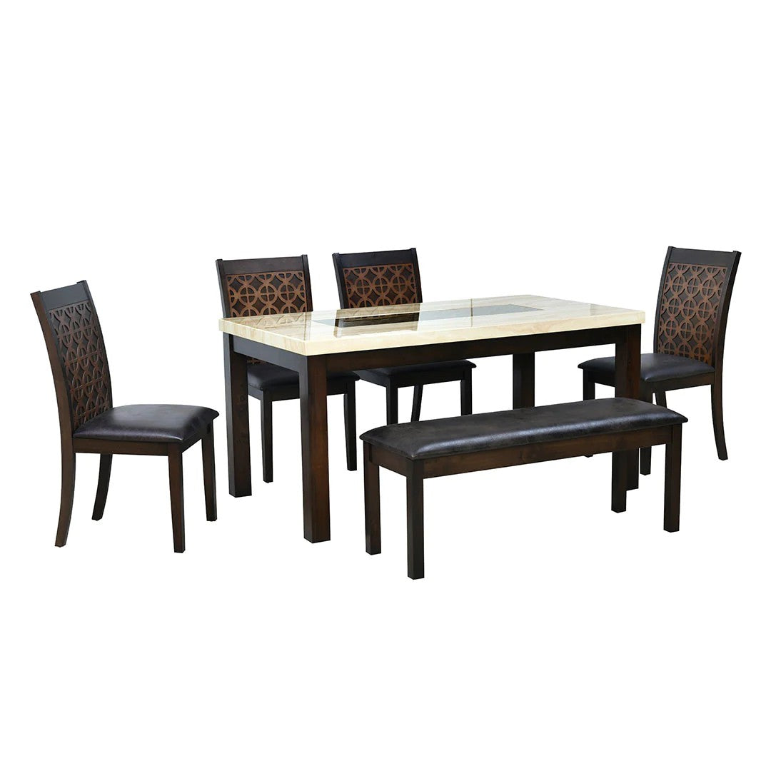 Camden 6 Seater Solid Wood Dining Set With Bench-Dark Walnut