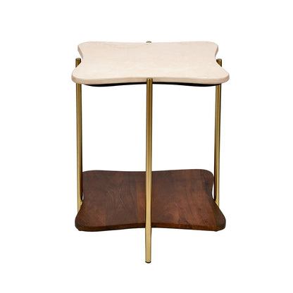 Ellon Ceramic Top With Wooden Shelf Side Table-Gold