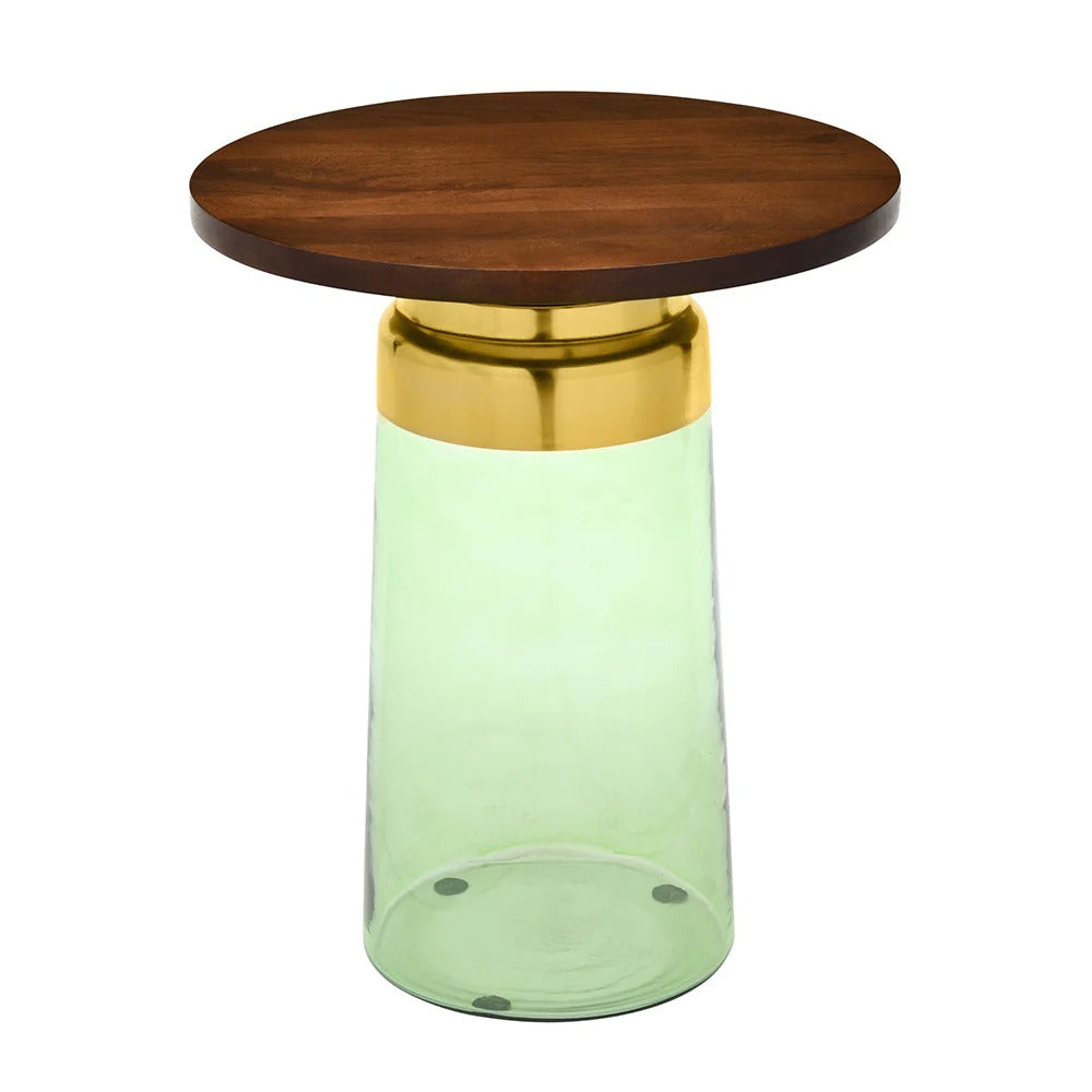 Pixie Glass Side Table With Wooden Top-Walnut