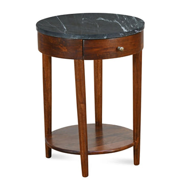 Kyran Round Side Table with Drawer & Shelf Storage -Red Walnut