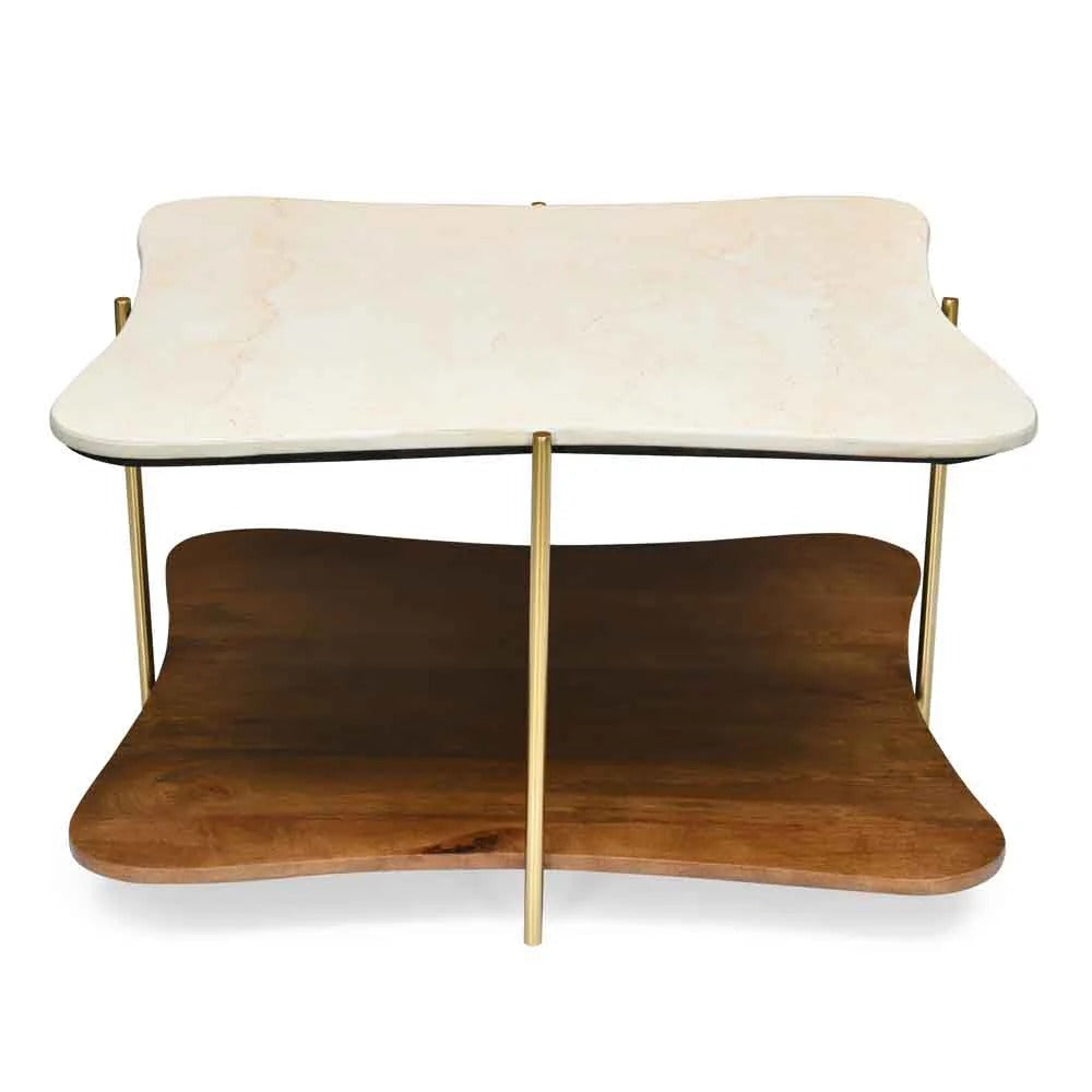 Ellon Ceramic Top With Wooden Shelf Center Table-Gold