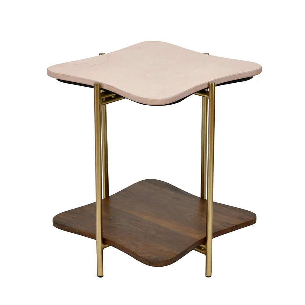 Ellon Ceramic Top With Wooden Shelf Side Table-Gold