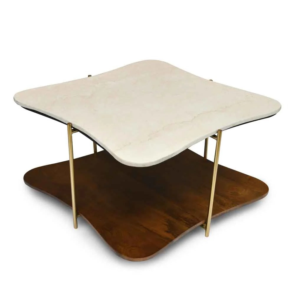 Ellon Ceramic Top With Wooden Shelf Center Table-Gold