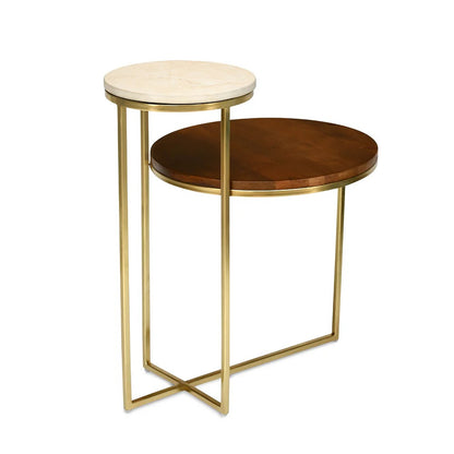 Mobo 2 Tier Ceramic and Mango Wood Top Side Table-Gold