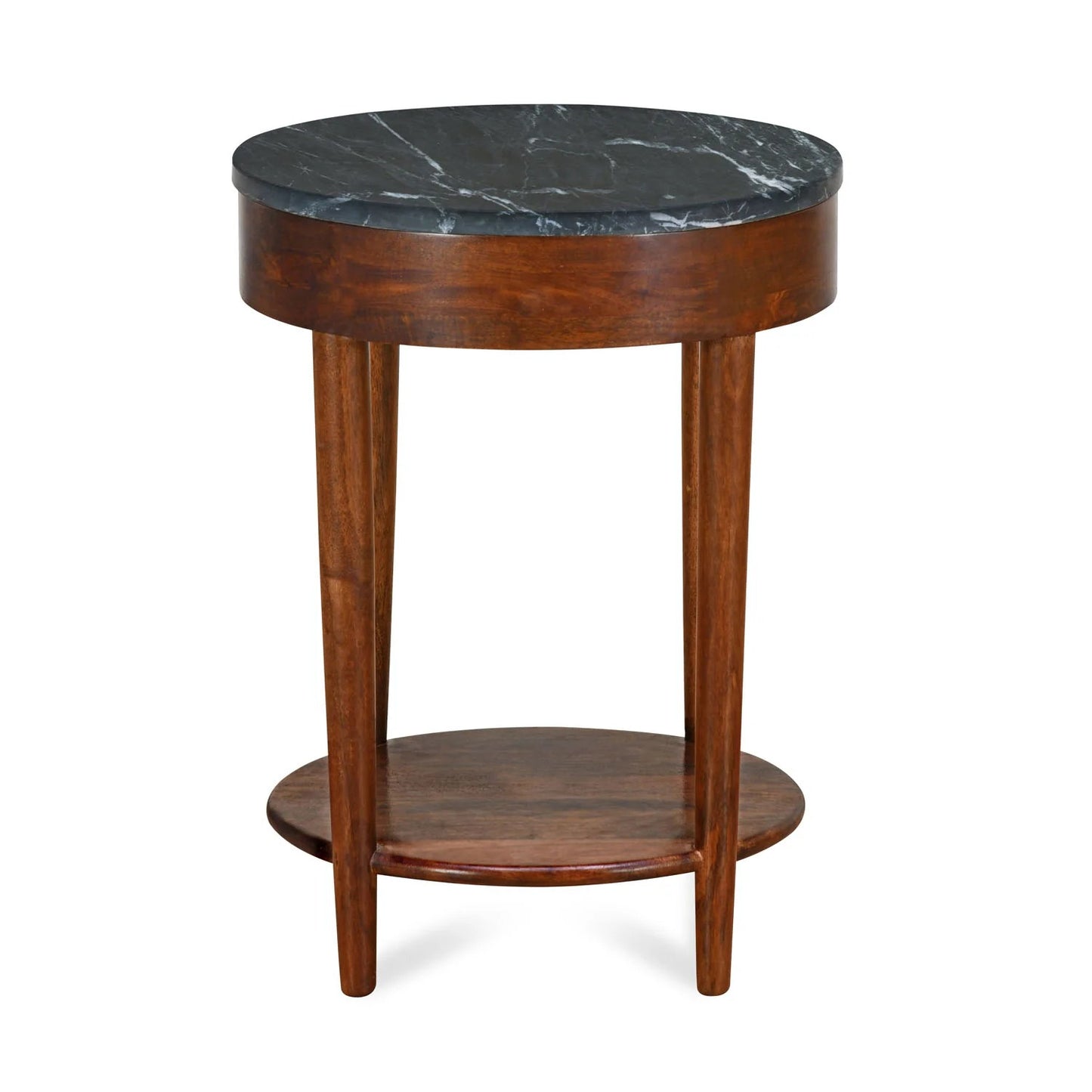 Kyran Round Side Table with Drawer & Shelf Storage -Red Walnut