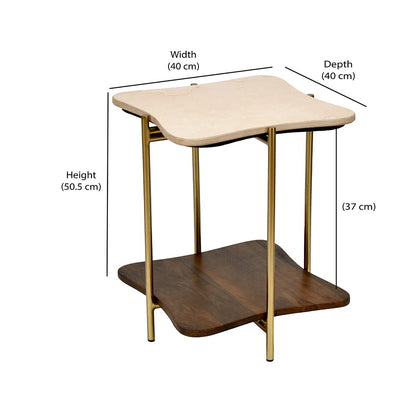 Ellon Ceramic Top With Wooden Shelf Side Table-Gold