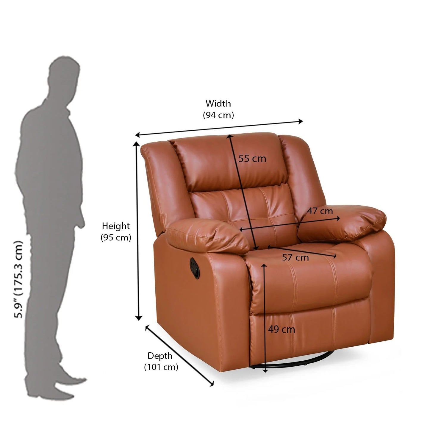 Ellis 1 Seater Leatherette Manual Rocker & Swivel Recliner-Tan Brown