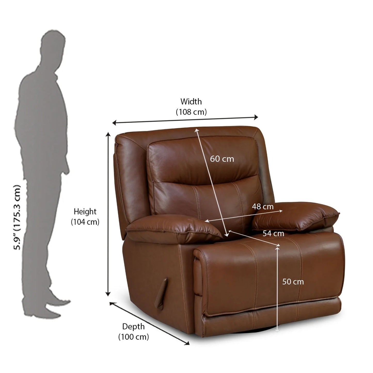 Hayes 1 Seater Leather Manual Recliner with Swivel-Brown